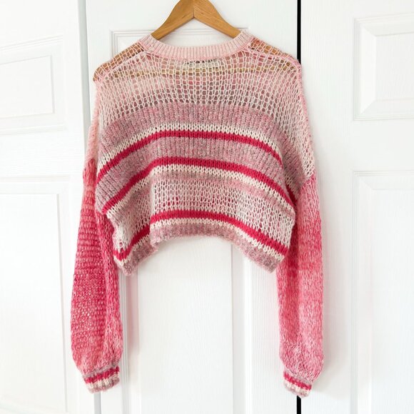 Kimchi Blue Pink Striped Open Knit Cropped Sweater XS Oversized Sheer Pullover - Picture 6 of 8